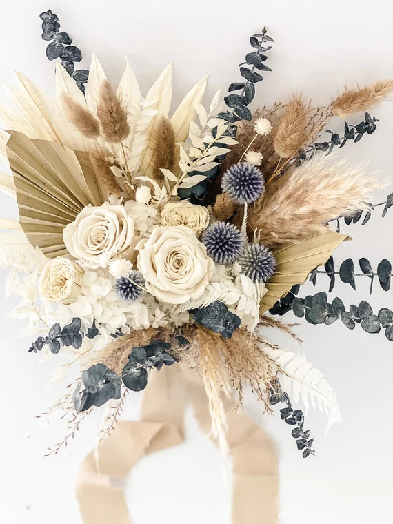 Dusty blue thistle and pampas grass bouquet | Etsy | Etsy (US)