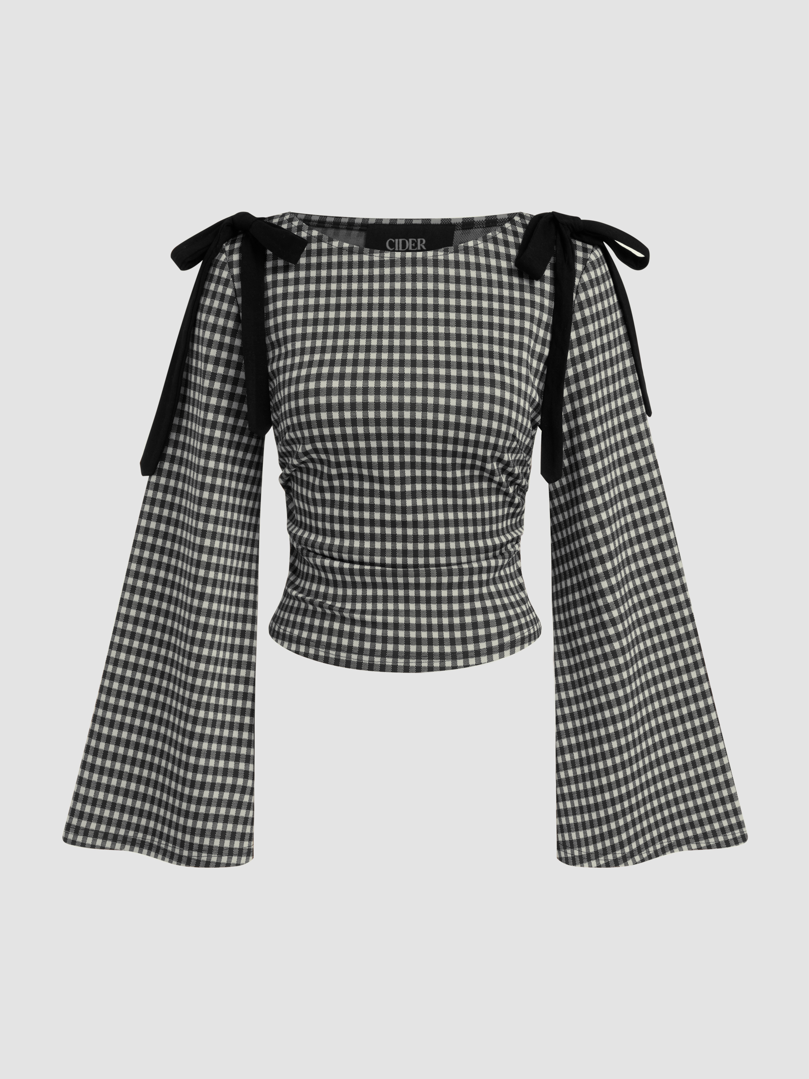City Chic Knit Fabric Boat Neck Gingham Bowknot Ruched Long Sleeve Top For School | Cider