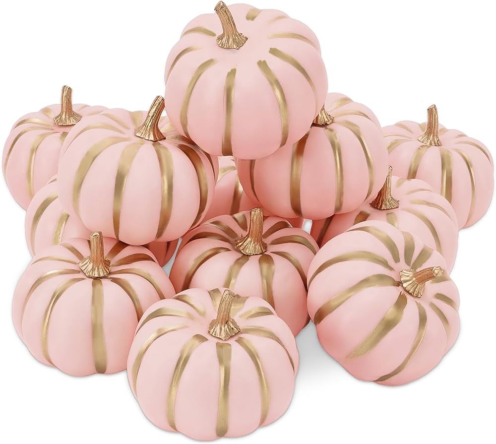 Whaline 12Pcs Pink Artificial Pumpkins Bulk with Gold Edges Fake Foam Pumpkins Faux Fall Harvest ... | Amazon (US)