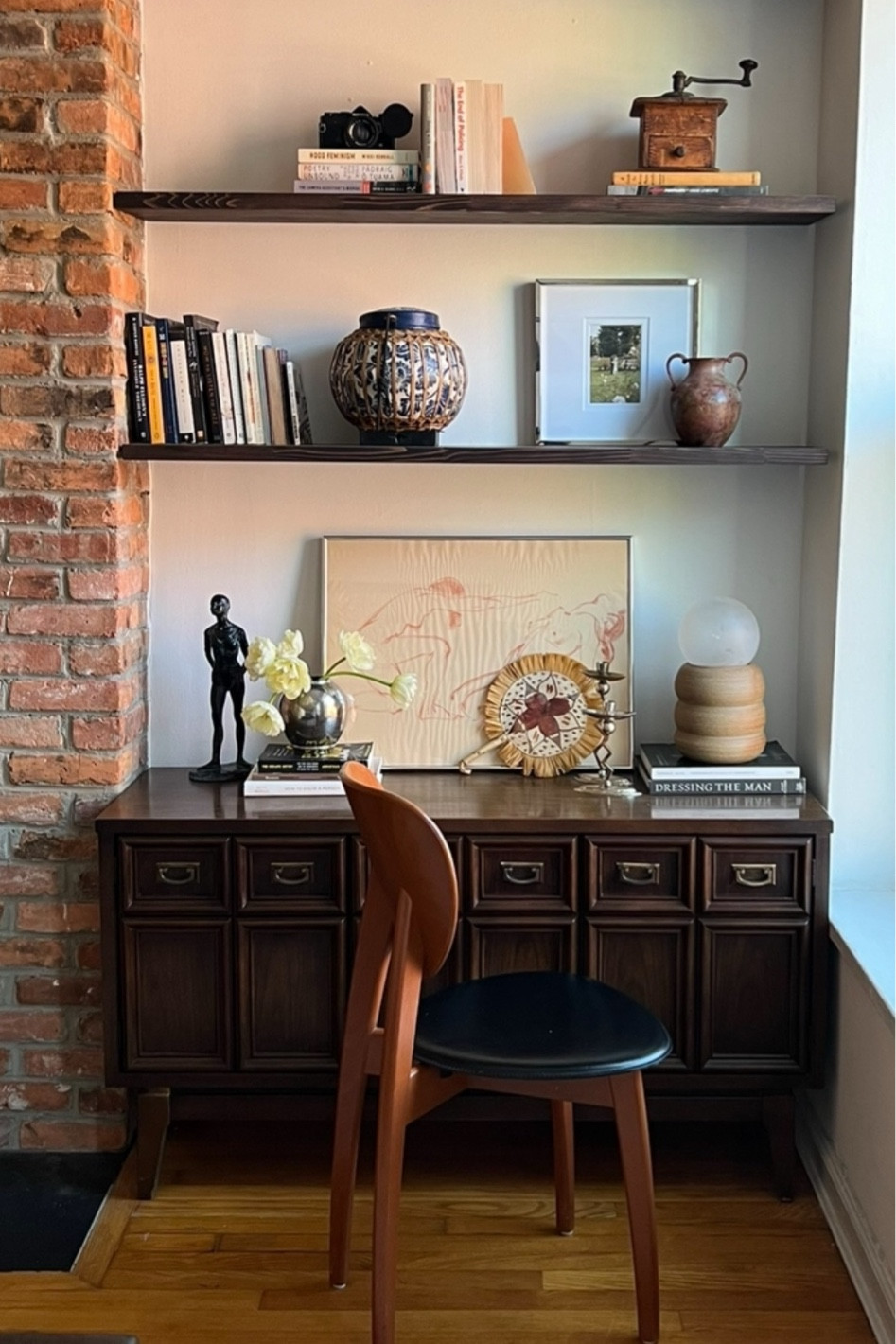 Custom floating shelves, bookcase decor, vintage credenza, vintage dining chair

#LTKStyleTip #LTKHome