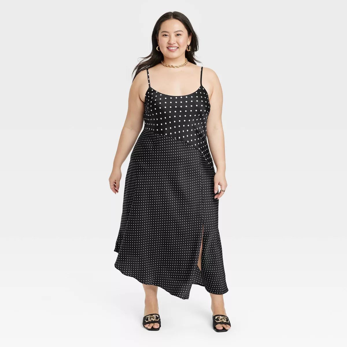 Women's Asymmetrical Midi Slip Dress - A New Day™ Black Polka Dots XXL | Target