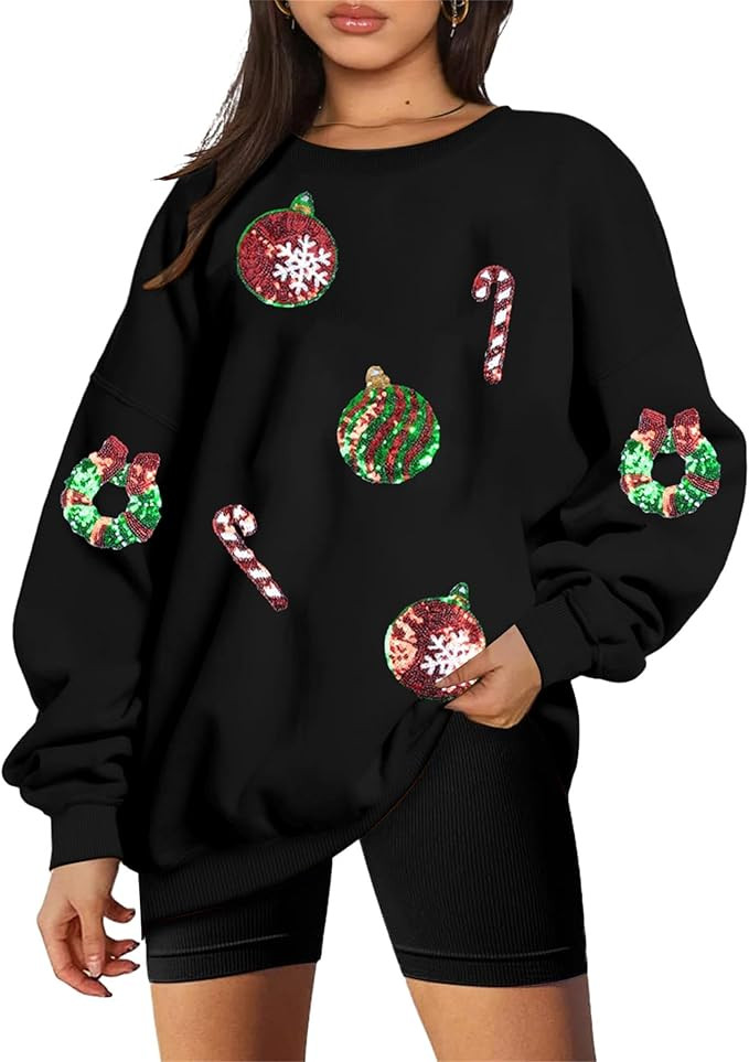 JINTING Christmas Sweatshirt Women Sequined Xmas Graphic Pullover Sweatshirt Crewneck Long Sleeve... | Amazon (US)