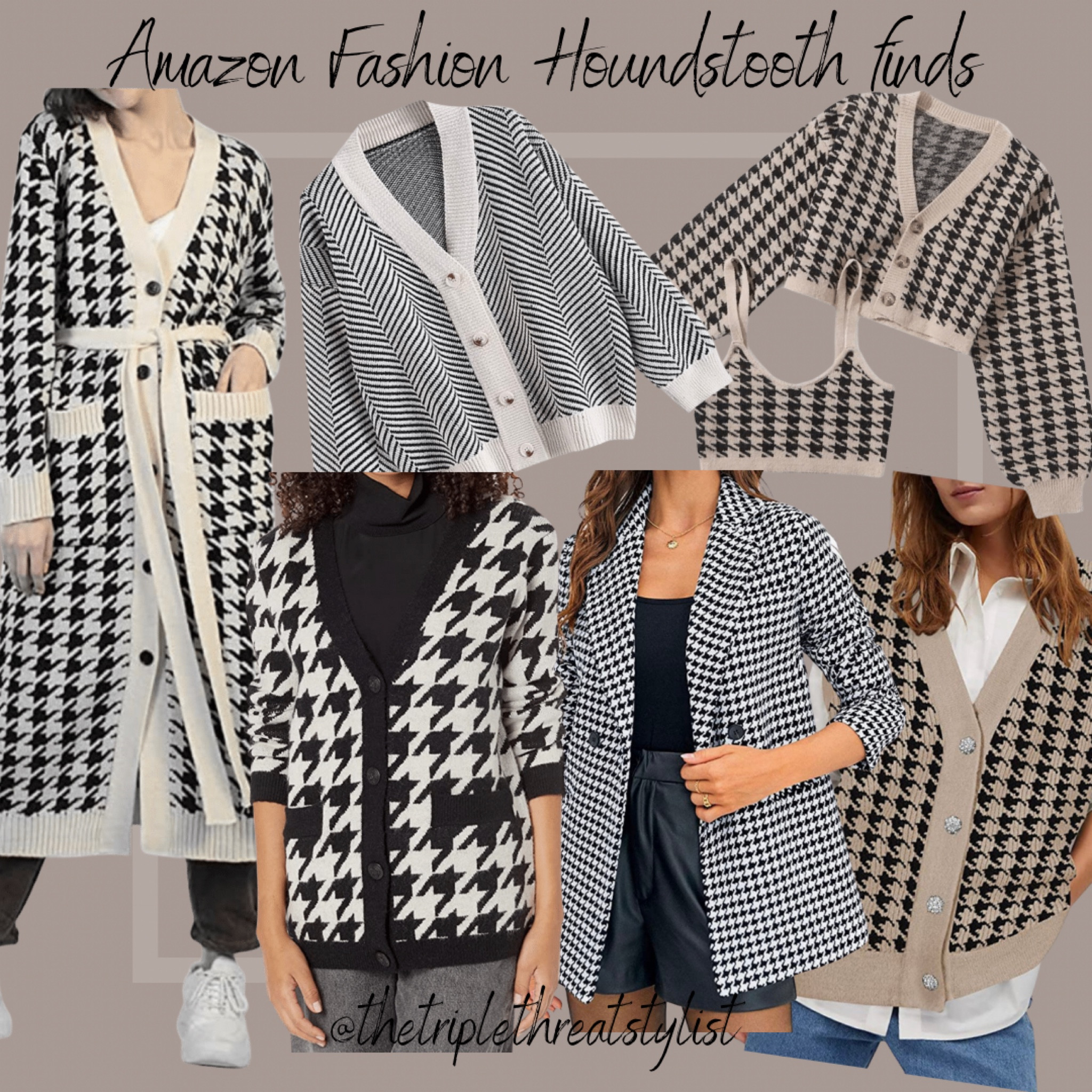 AMAZON FASHION HOUNDS TOOTH FINDS! 
Everything was Under $40 

My newest order from Amazon is all hounds tooth and I was happy with every single piece. They are all great quality but if you just grab one, I would grab it was a blazer or the duster floorlength cardigan. 

I typically wear an extra small but I size up to a small or medium and all sweaters and blazers for an oversize fit. Check the measurements and cross-referencing with yours to determine what size you should order. 



#LTKstyletip #LTKunder50 #LTKunder100