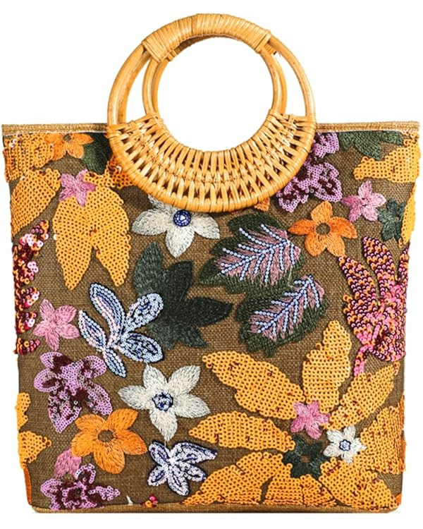 Sequin Embroidered Floral Tote for Women Beach Bag with Bamboo Handle Summer Shoulder Handbag for... | Amazon (US)