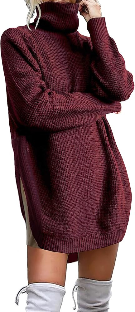KIRUNDO Women's Casual Waffle Knit Turtleneck Sweater Long Sleeve Solid Irregular Hem Side Split Loo | Amazon (US)