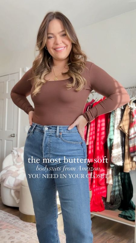The most flattering double lined bodysuits from Amazon - sized up to an XL - I have on jet black and chocolate // also linking the pants and jeans in this video because they are too good!! 

#LTKstyletip #LTKmidsize