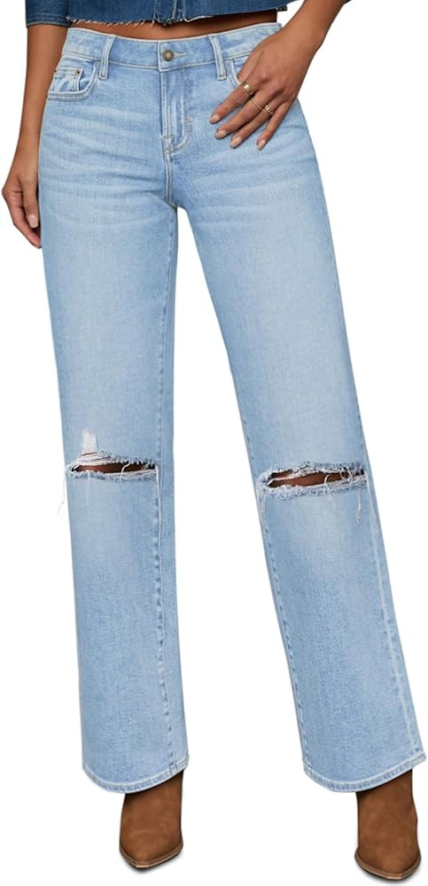 Straight Leg Jeans for Women Trendy High Waisted Cropped Boyfriend Mom Stretchy Frayed Hem Loose ... | Amazon (US)