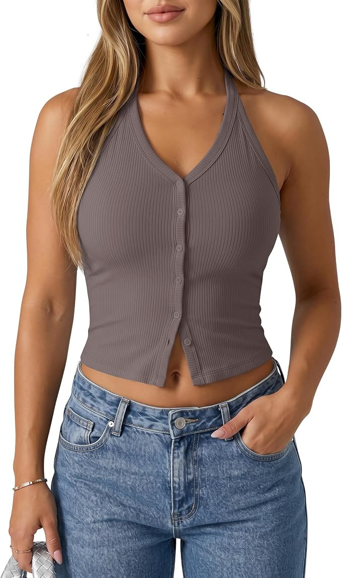 G4Free Ribbed Halter Crop Tank Tops Backless Going Out Camisoles Open Back Y2K Slim Fit Cropped C... | Amazon (US)