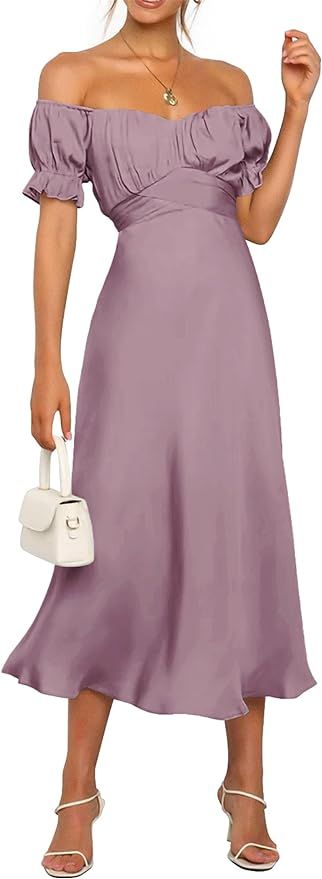KIRUNDO Women's 2024 Summer Satin Midi Dress Off Shoulder Wrap Ruched Wedding Guest Party Cocktai... | Amazon (US)