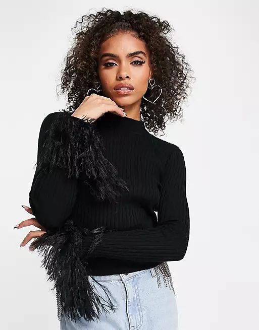 ASOS DESIGN sweater with faux feather cuff detail in black | ASOS (Global)