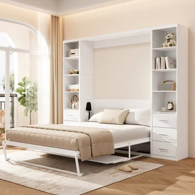 Queen Size Murphy Wall Bed with Built-in Desk & Dual-Side Storage Cabinets | Wayfair North America