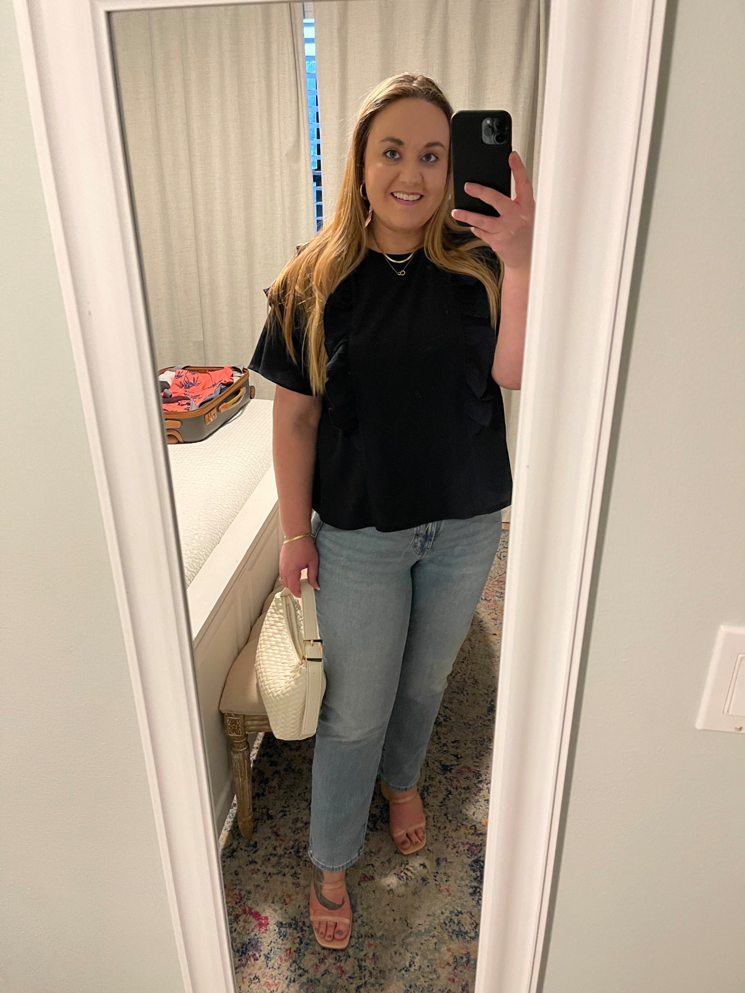 50% off OG Jeans, Light wash jeans, ankle jeans, old navy jeans, high-waisted jeans, navy top, clear sandals, woven handbag, cream handbag, clear strap sandals, nude heels, transparent sandals

#LTKFindsUnder50 #LTKItBag #LTKSaleAlert