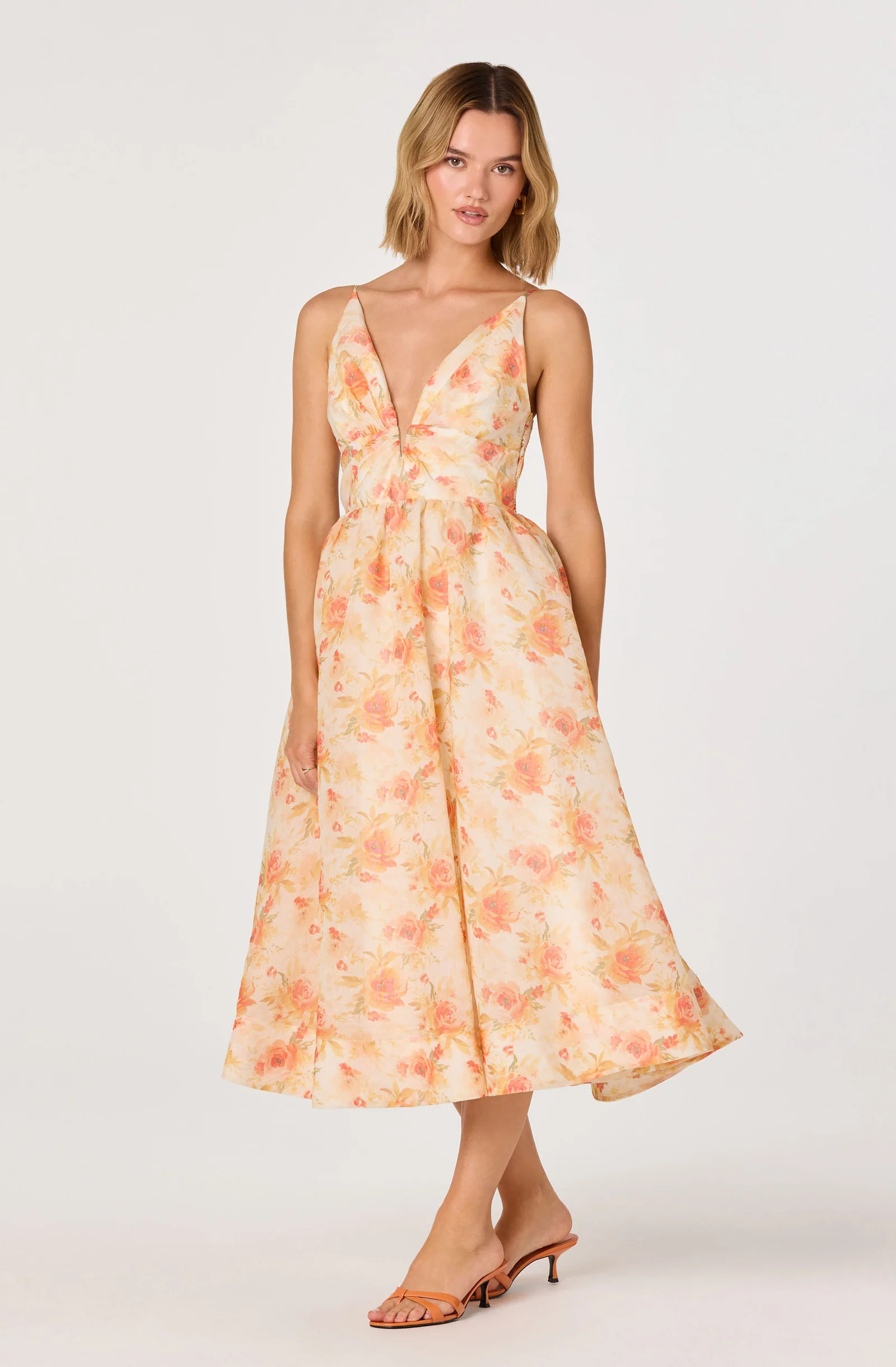 Janna Floral Plunge Midi Dress - Orange floral / XS | ASTR The Label (US)