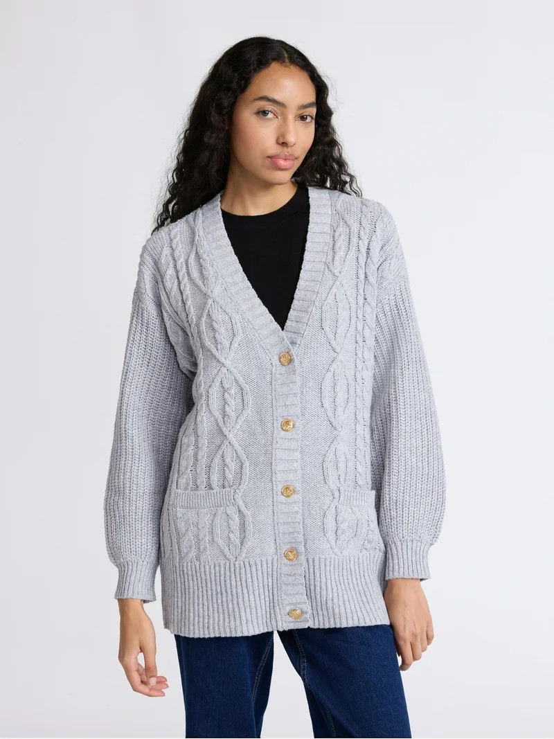 Free Assembly Women's Oversized Cable Cardigan Sweater with Long Sleeves, Midweight, Sizes XS-XXL | Walmart (US)