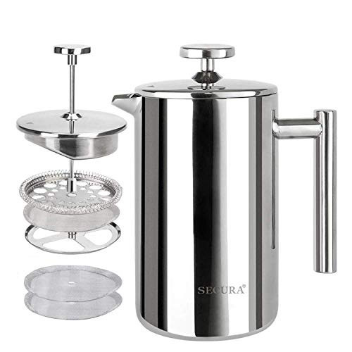 Secura French Press Coffee Maker, 304 Grade Stainless Steel Insulated Coffee Press with 2 Extra Screens, 12oz (0.35 Litre), Silver (SFP-12DS) | Amazon (US)