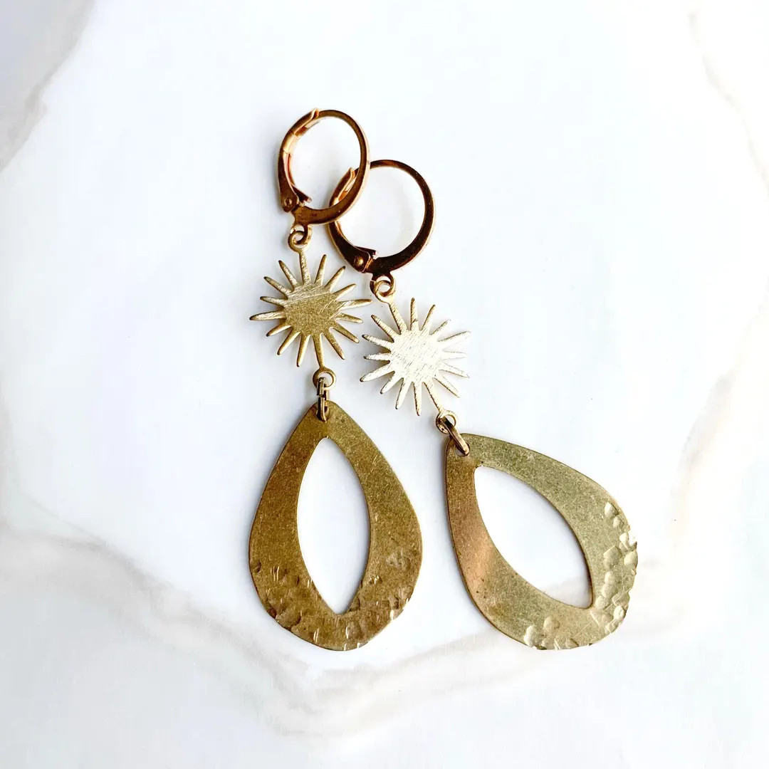 Long Textured Yellow Brass Modern Sunshine Teardrop Dangle and Drop Earrings - Etsy | Etsy (US)