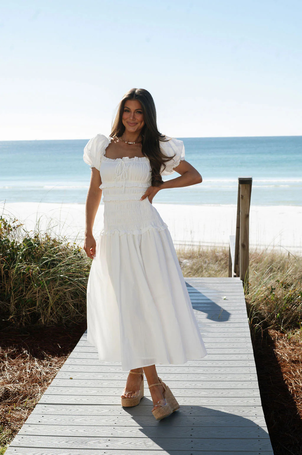 Poplin Puff Sleeve Midi Dress-Off White | These Three