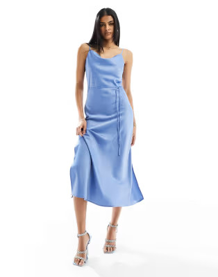YAS Bridesmaid satin maxi dress with tie waist detail in blue | ASOS (Global)