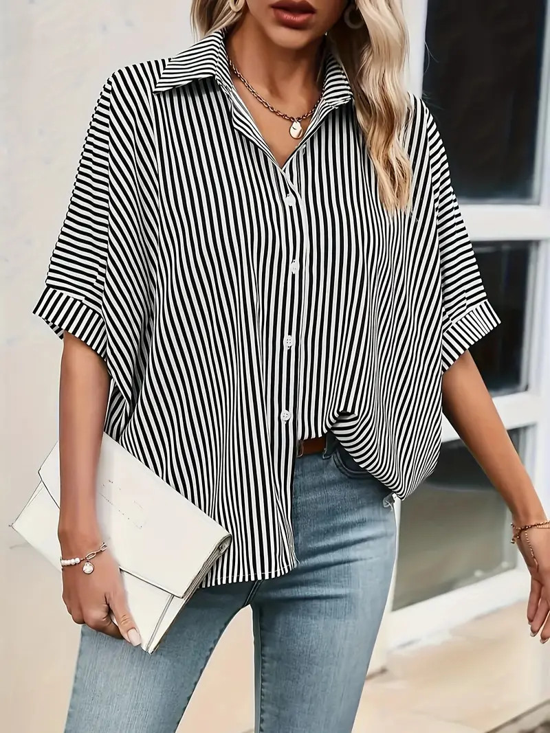 Striped Button Front Shirt Casual Short Sleeve Lapel Shirt - Temu | Temu Affiliate Program