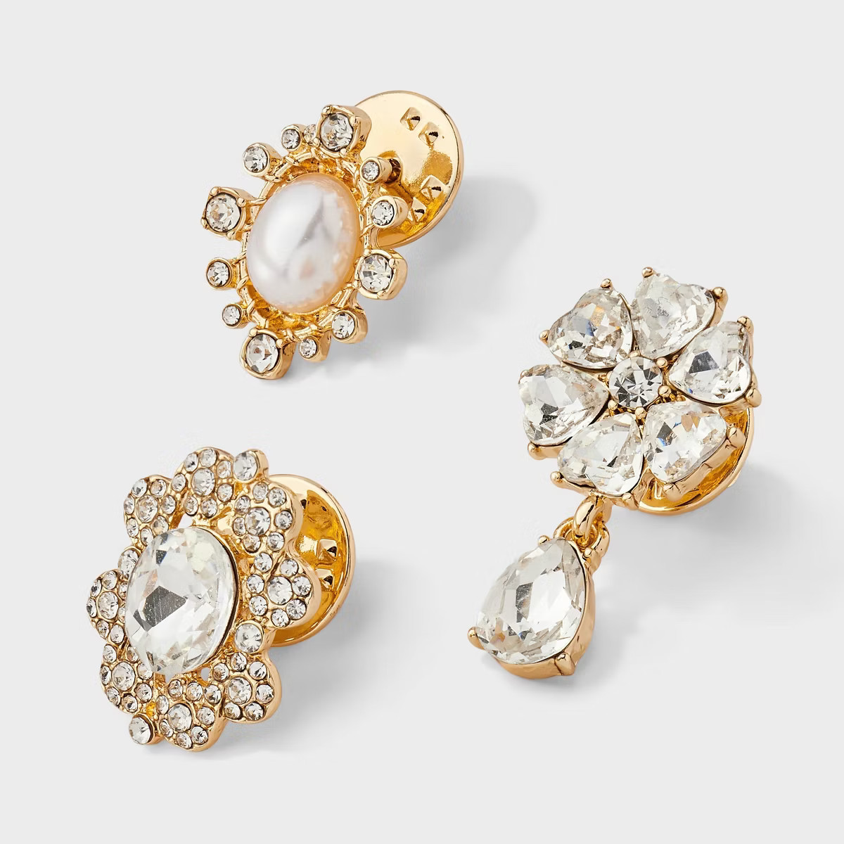Crystal Cluster Pearl Rhinestone Floral Pin Set 3pc - A New Day™ Gold/Clear | Target