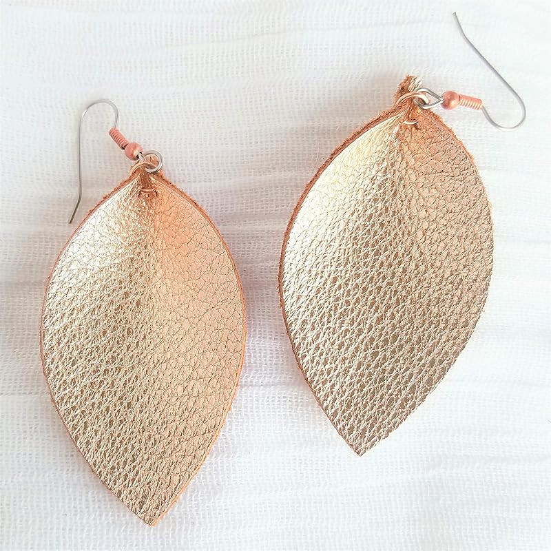 Rose Gold Metallic/Leather Leaf Earrings/Genuine Leather/Handmade/Joanna Gaines Earrings/Statemen... | Amazon (US)