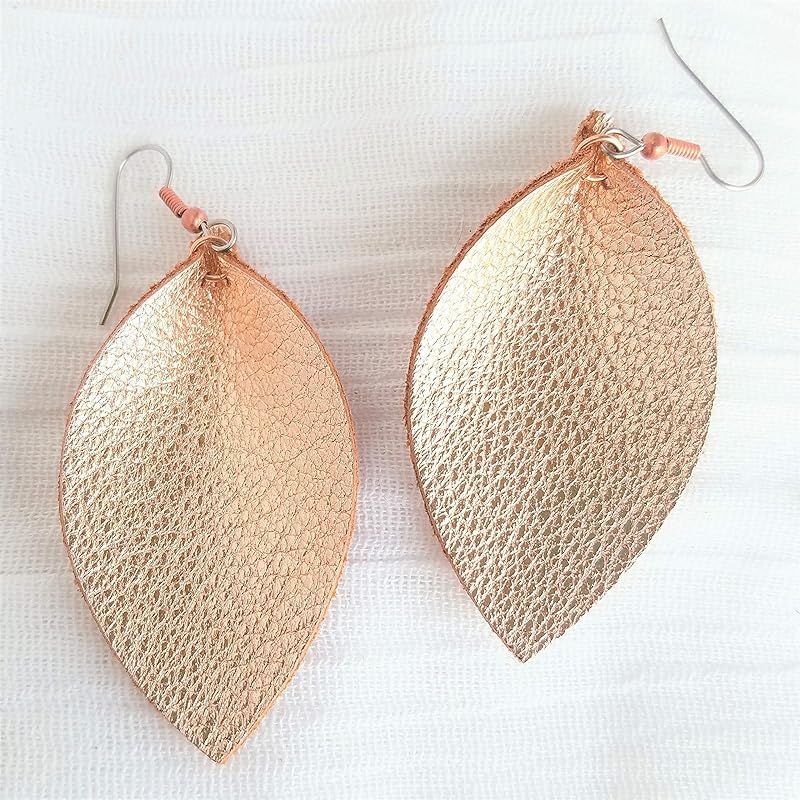 Rose Gold Metallic/Leather Leaf Earrings/Genuine Leather/Handmade/Joanna Gaines Earrings/Statemen... | Amazon (US)