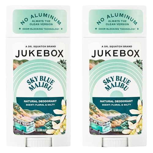 JUKEBOX Natural Deodorant for Women–Sky Blue Malibu Scent– Aluminum-Free, No Baking Soda, No Harsh Chemicals, Odor Blocking Technology, Neroli, Orange, Sea Salt-a Dr. Squatch Brand-2.65oz, 2 Pack | Amazon (US)