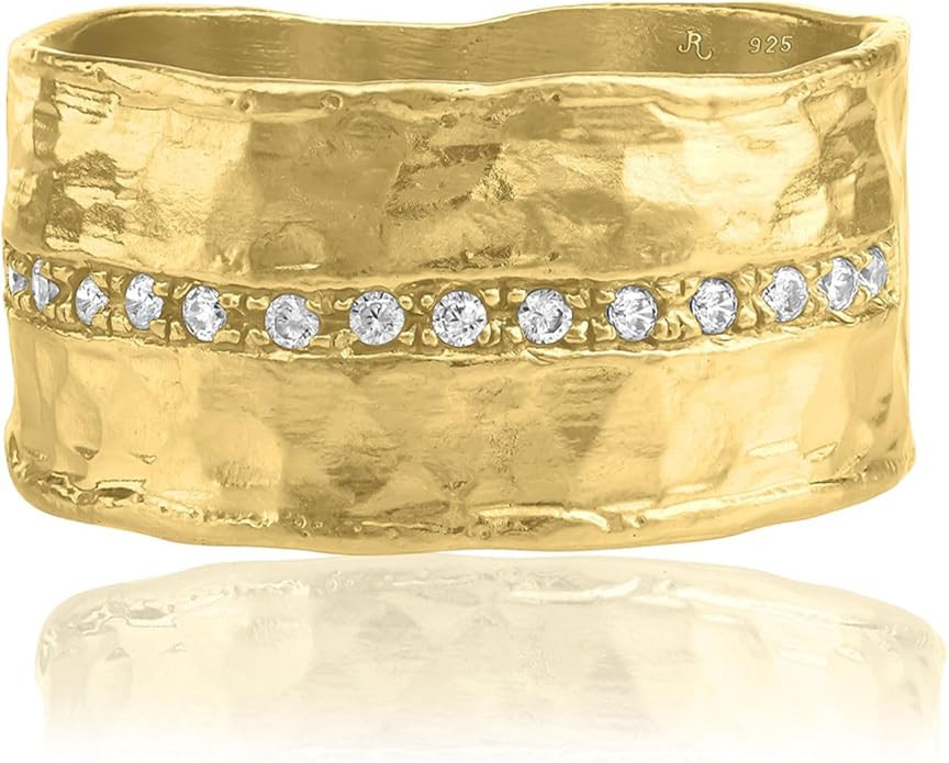 14K Gold Over Sterling Silver Statement Rings With 0.13 TCW Half Eternity Cubic Zirconia, Hammere... | Amazon (US)