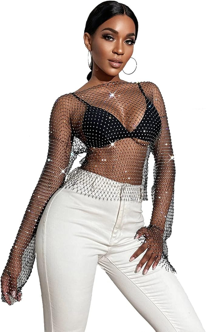 Sheer Long Sleeve Tops for Women Sexy Plus Size Tight Rhinestone See Through Mesh Crop Top Off Sh... | Amazon (US)