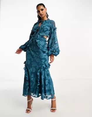 ASOS DESIGN long sleeve keyhole frill detail midi dress in floral burnout in teal blue | ASOS (Global)