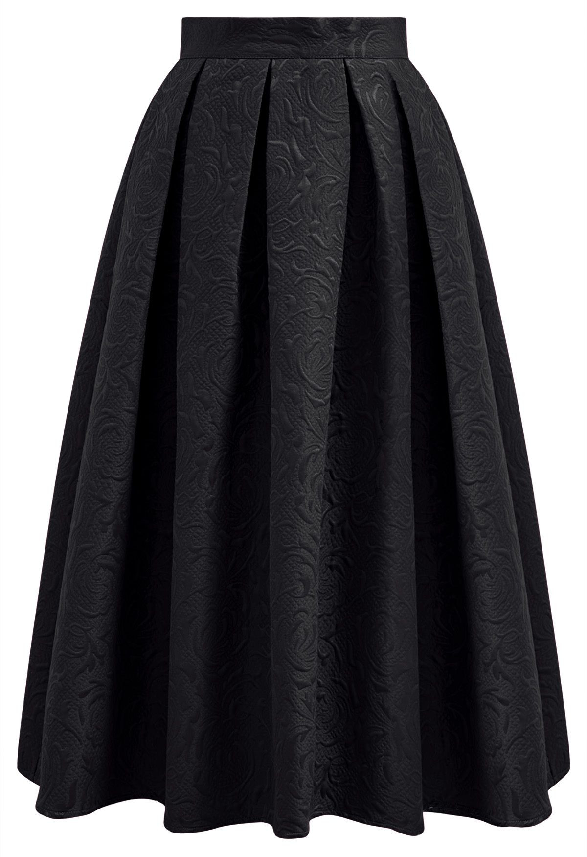 Embossed Floral Pleated Flare Midi Skirt in Black | Chicwish