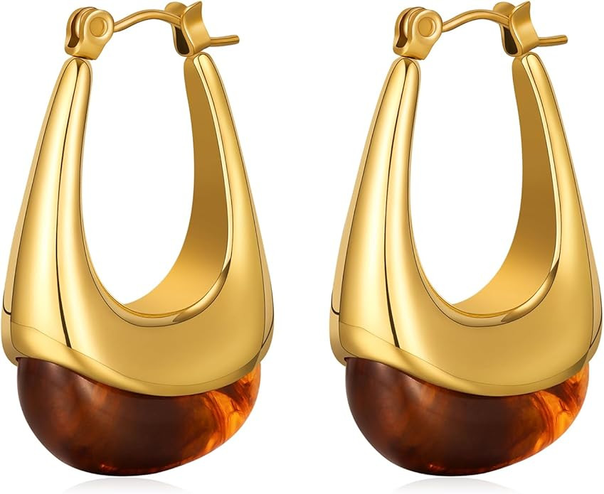 Chunky Hoop Vintage Gold Amber Resin Earrings U Shape Brown Huggie Geometric Trendy Elegant State... | Amazon (US)