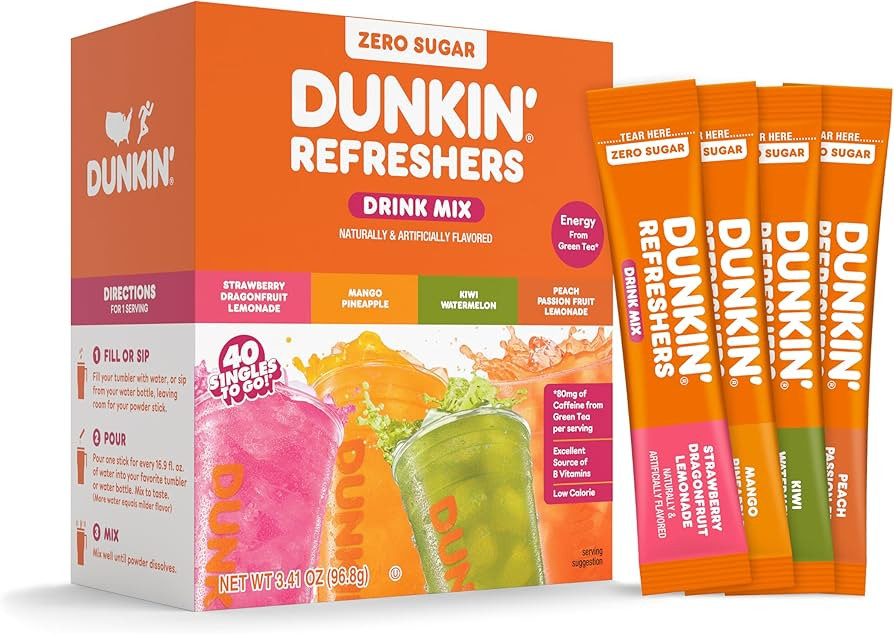 Dunkin’ Refreshers Singles To Go! Zero Sugar Powdered Drink Mix, 40 Ct Variety Pack, Energy fro... | Amazon (US)