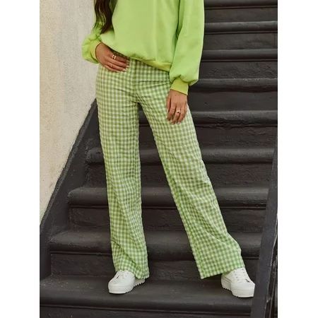 Lime Green Women s High Waist Gingham Print Wide Leg Pants Casual L(8/10) B22015001D | Walmart (US)