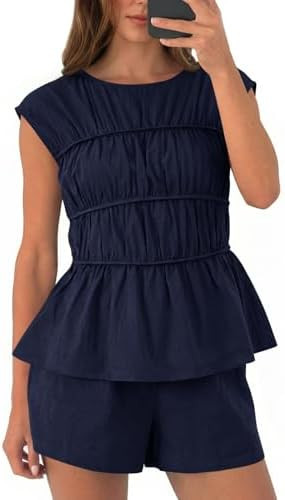 Tankaneo Womens Summer Smocked 2 Piece Short Sets Cap Sleeve Babydoll Peplum Blouse Casual Matchi... | Amazon (US)