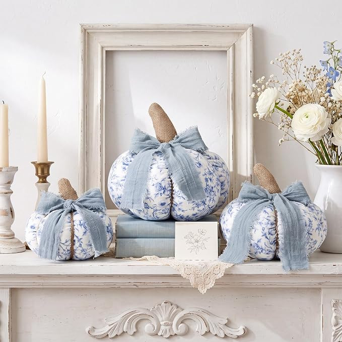 Yookeer 3 Pack Chinoiserie Pumpkin Decorations Blue and White Pumpkin 7.9" 6.3" 4.7" Fall Centerp... | Amazon (US)