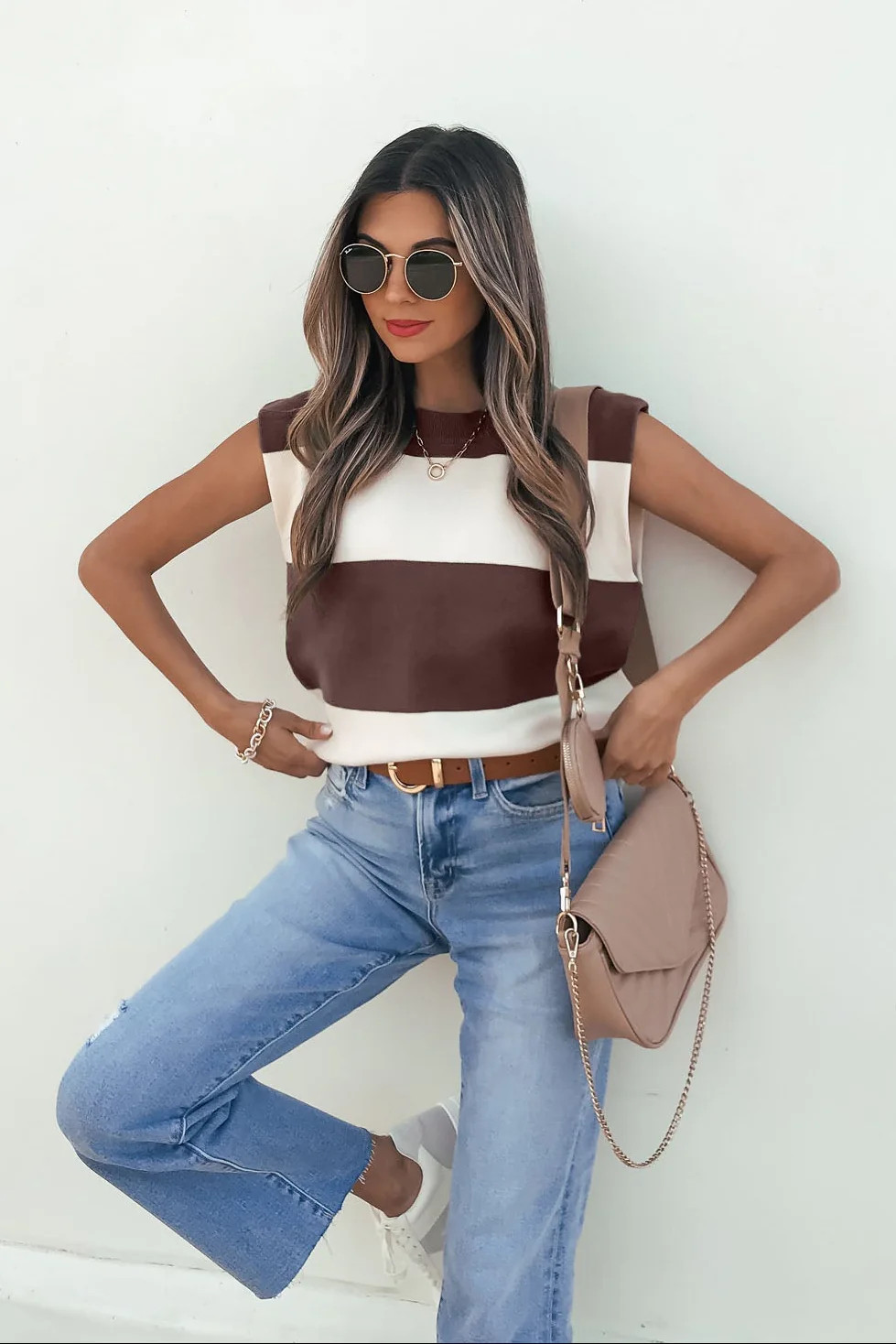 Sleeveless Brown and Cream Striped Sweater | Magnolia Boutique