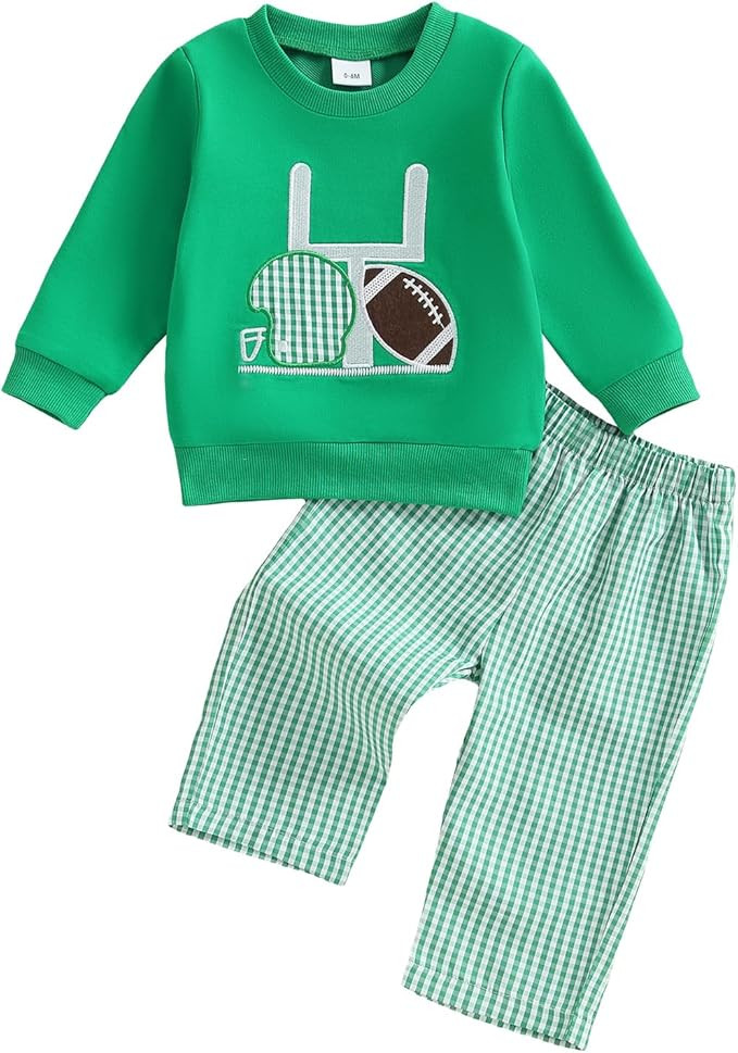 Toddler Baby Boy Rugby Outfit Long Sleeve Smocked Sweatshirt Tops Gingham Plaid Pants Two Piece F... | Amazon (US)