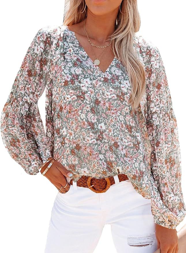 Womens Casual Boho Floral Print Blouses V Neck Long Puff Sleeve Loose Shirts Tops | Amazon (US)