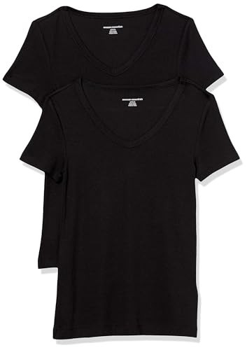 Amazon Essentials Women's 2-Pack Slim-Fit Short-Sleeve V-Neck T-Shirt, Black/Black, Small | Amazon (US)