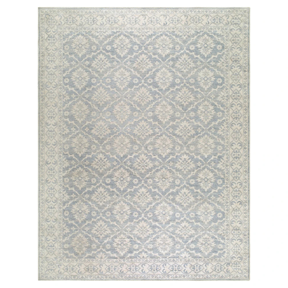 Amar Updated Traditional Light Blue Diamond Patterned Rug - 5'2"x7' | Kathy Kuo Home