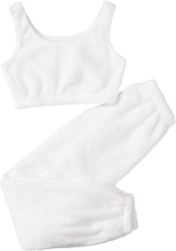 SheIn Women's Two Piece Fuzzy Pajama Lounge Set Crop Tank Top with Pants Sleepwear Loungewear | Amazon (US)