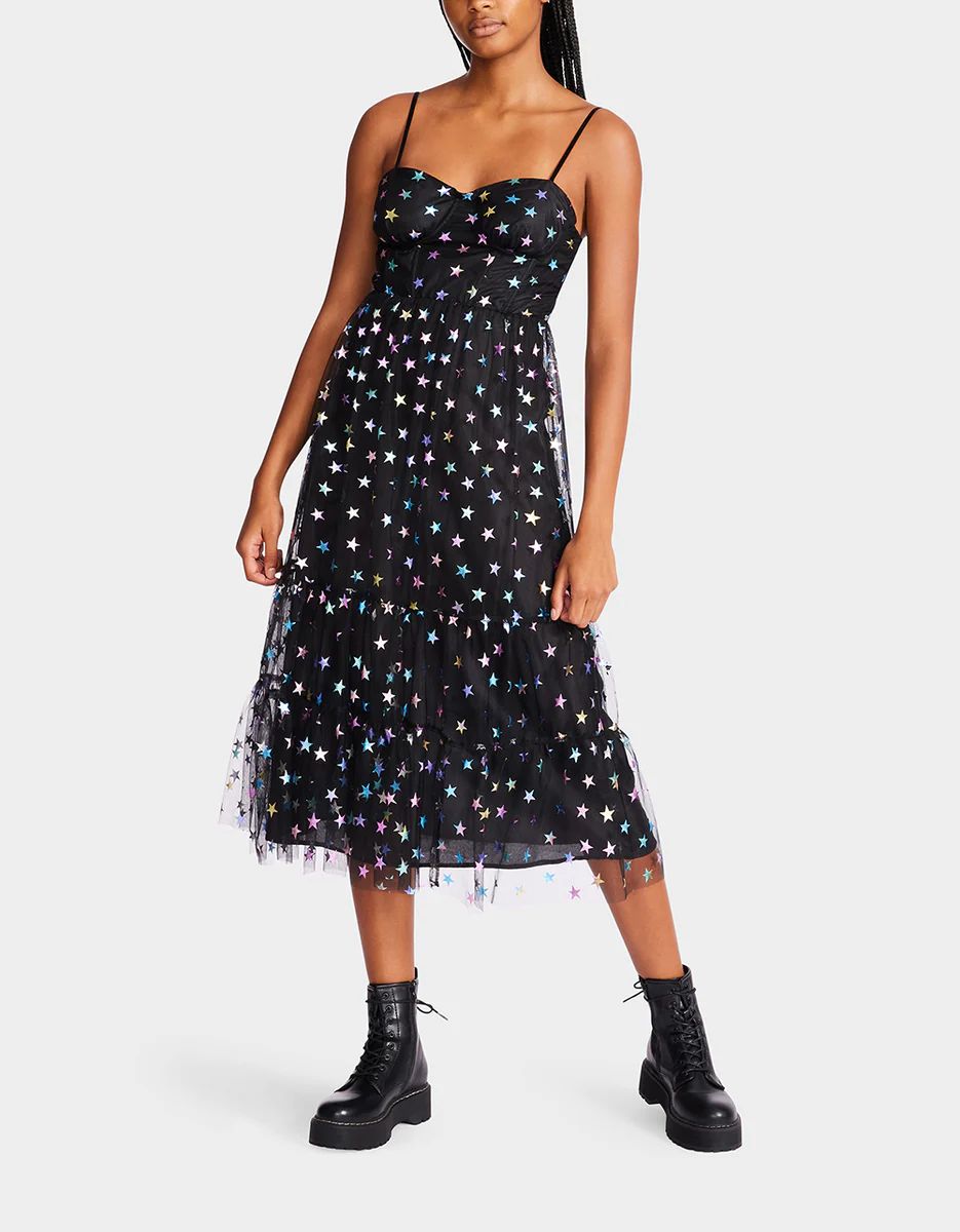 RAINBOW STAR MESH MIDI DRESS BLACK | Betsey Johnson