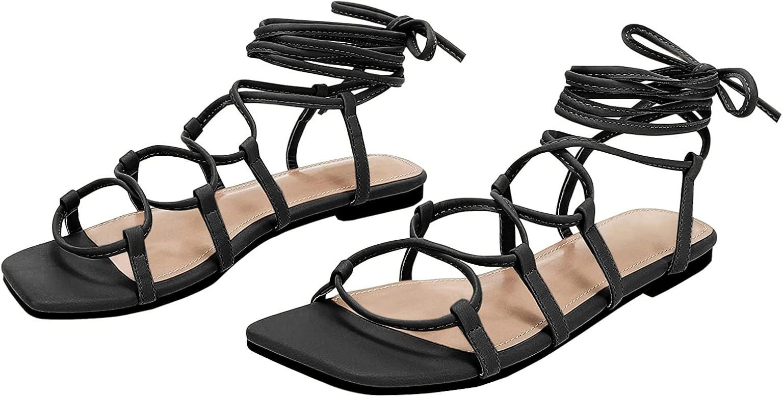 PiePieBuy Womens Lace up Square Toes Flat Sandals with Ankle Strap Summer Criss-Cross Gladiator S... | Amazon (US)