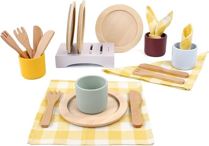 Pillowhale Wooden Toy Plates and Dishes Set,Play Kitchen Cutlery and Plate Set,21Piece Kids Kitch... | Amazon (US)