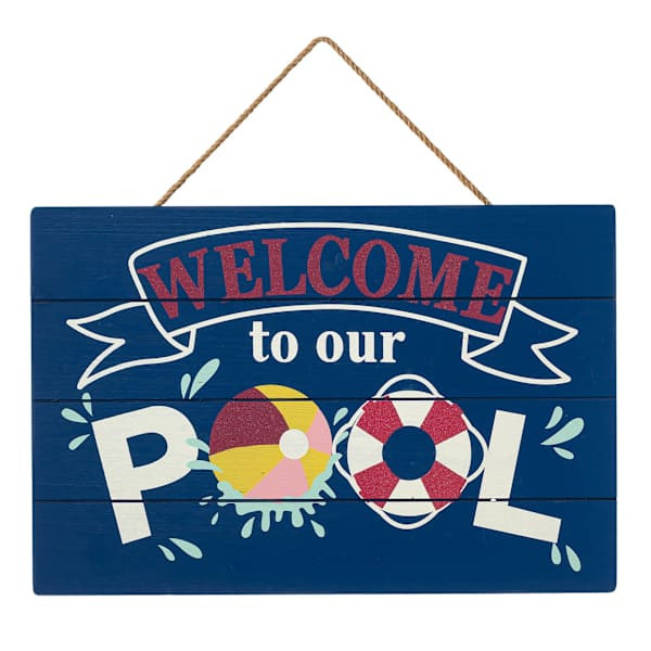 Welcome To Our Pool Slotted Outdoor Wall Decor, 20" At Home, Blue, Wood | At Home