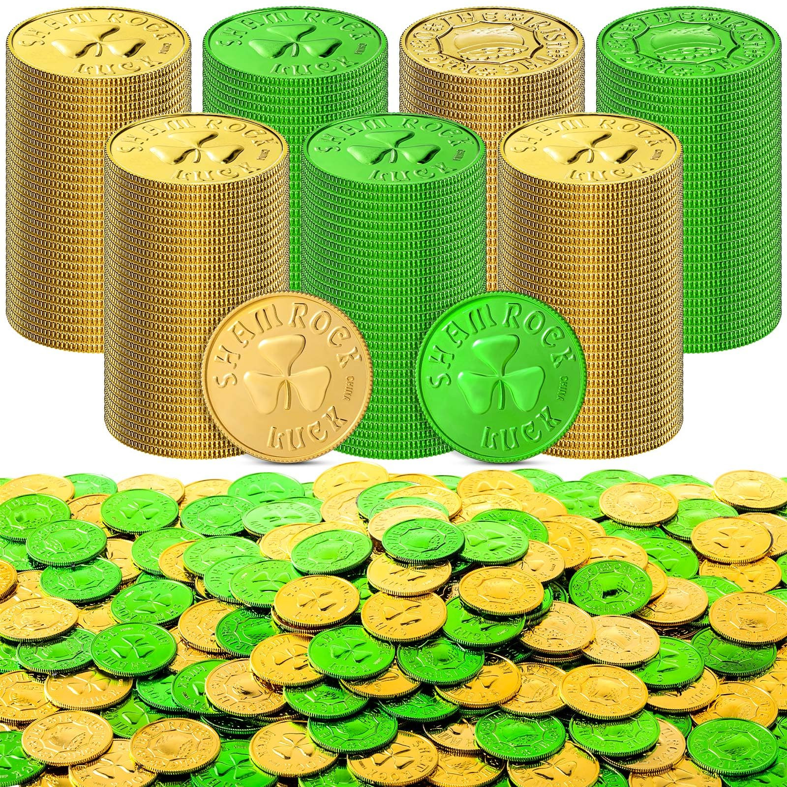 Sanwuta 400 Pieces St. Patrick's Day Gold Coins Plastic Gold Green Lucky Coins Shamrock Leprechau... | Amazon (US)