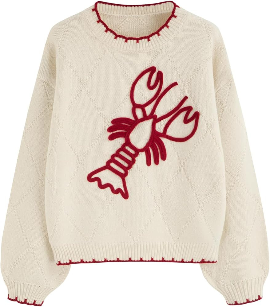 CIDER Lobster Graphic Pullover Sweater for Women Knit Trim Trendy Sweater | Amazon (US)