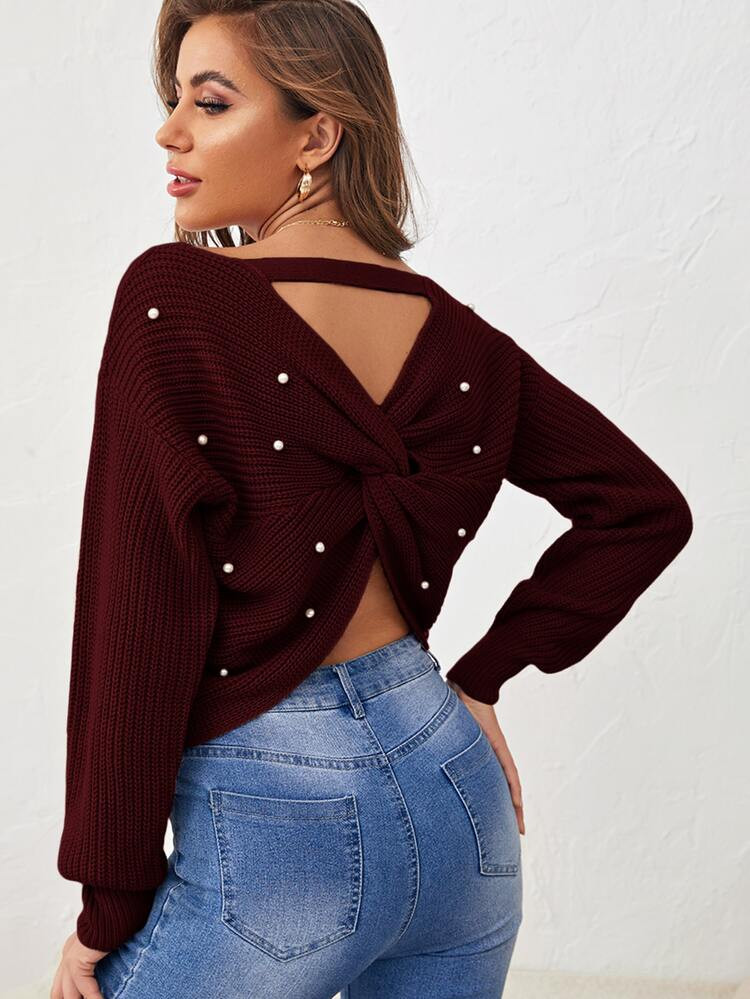 Solid Beaded Twist V-Cut Back Sweater | SHEIN