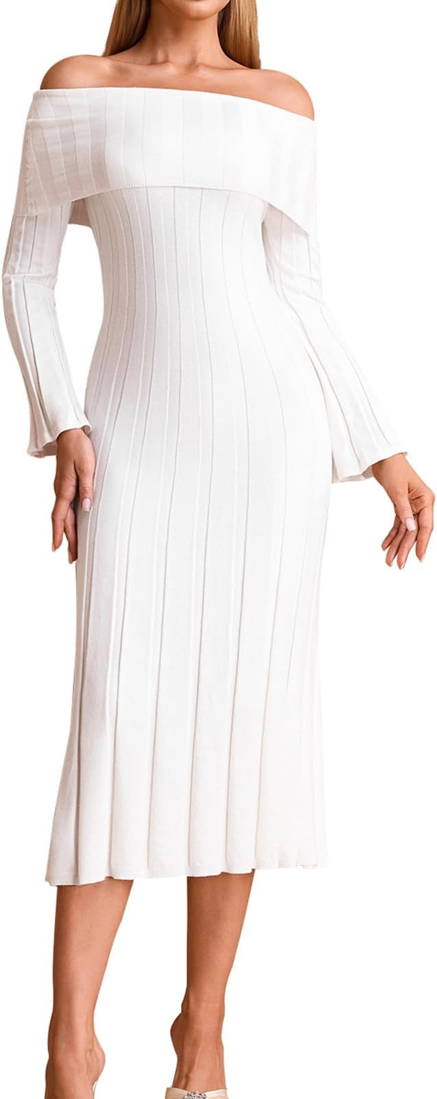 GLNEGE Formal Off The Shoulder Fall Wedding Guest Dress Long Sleeve Knit Bodycon Maxi Party Dress... | Amazon (US)